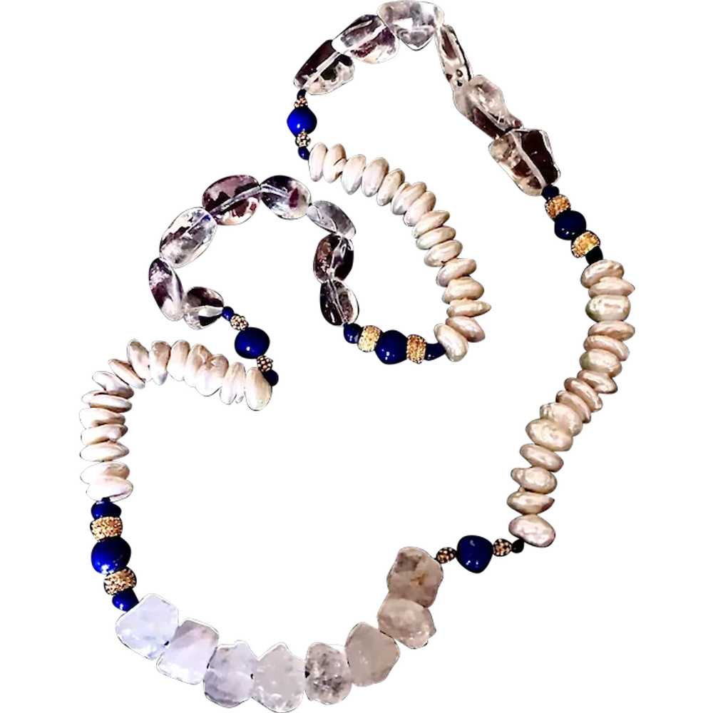 Sautoir necklace with cultured coin pearls, lapis… - image 1