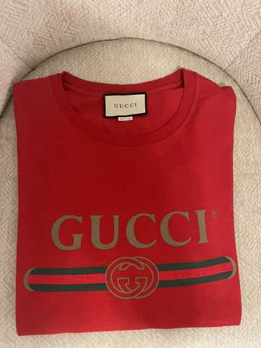 Gucci Men’s Red LS Tee with Gucci and Dragon - M (