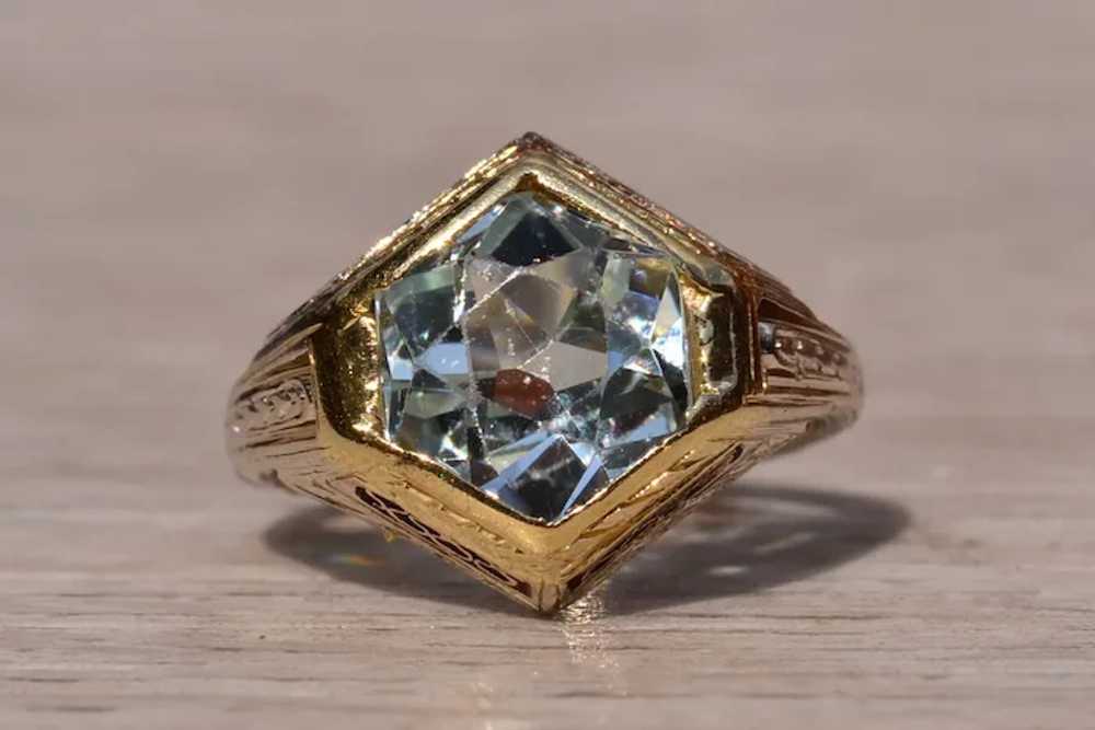 Ladies Antique Filigree 14K Two Tone Aquamarine C… - image 6