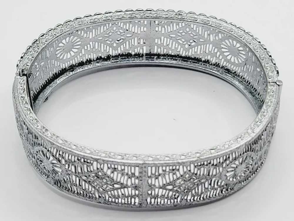 Signed Art Deco Rhodium Plate & Paste Filigree Ba… - image 2