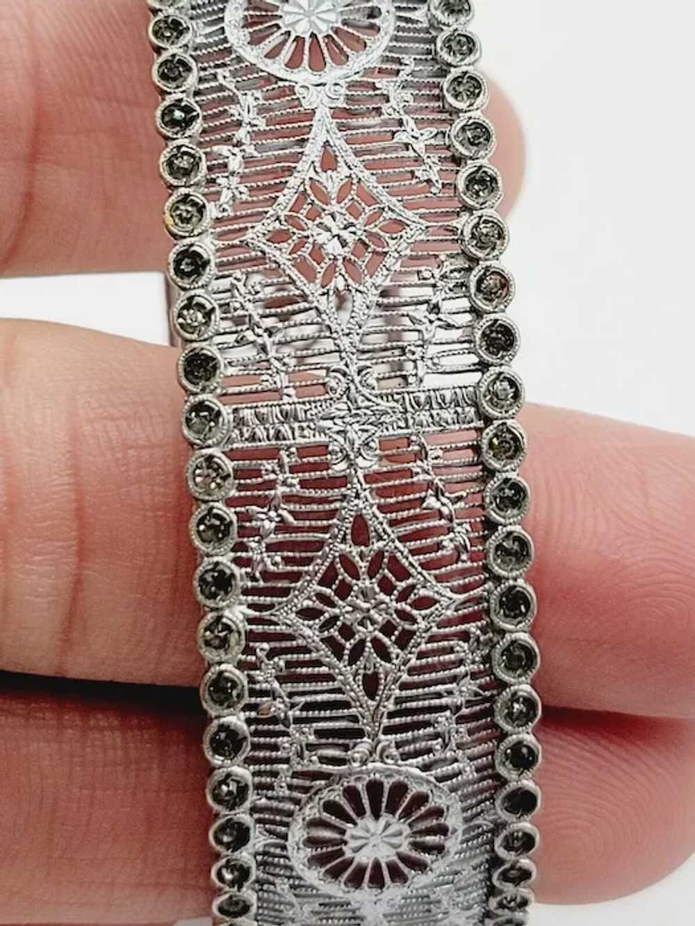 Signed Art Deco Rhodium Plate & Paste Filigree Ba… - image 3