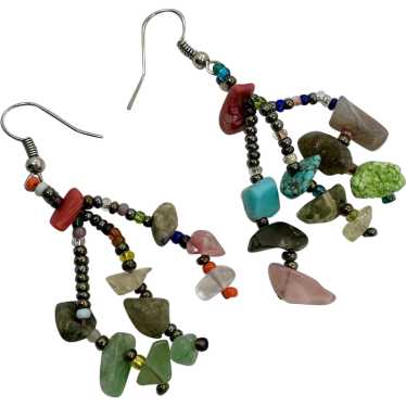 Boho Earrings, Stone Chips, Rainbow, Beaded, Hand… - image 1