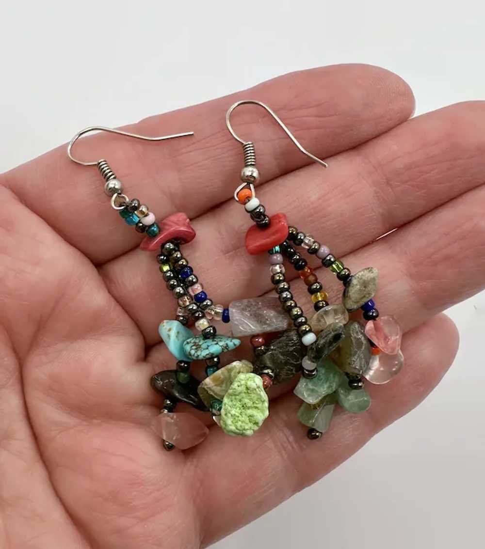 Boho Earrings, Stone Chips, Rainbow, Beaded, Hand… - image 2