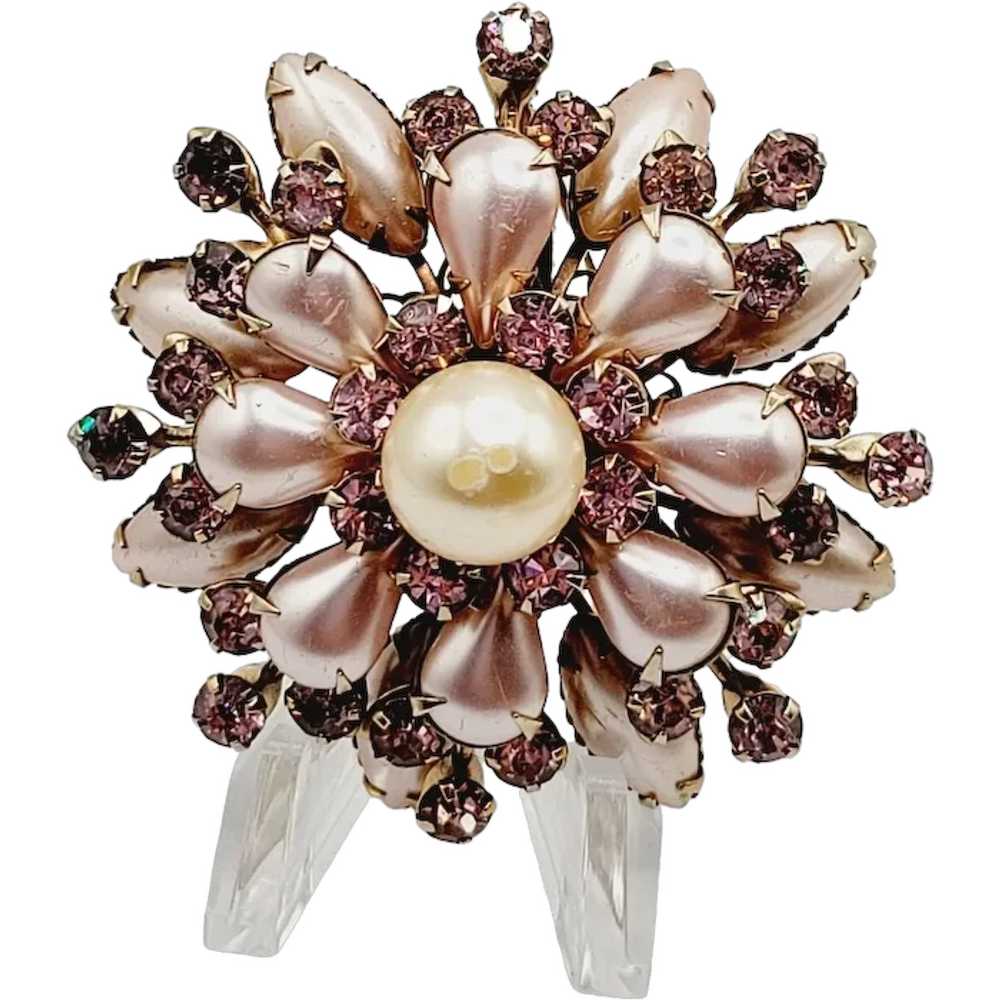 Signed Cathe Rhinestone & Faux Pearl Brooch [A260] - image 1