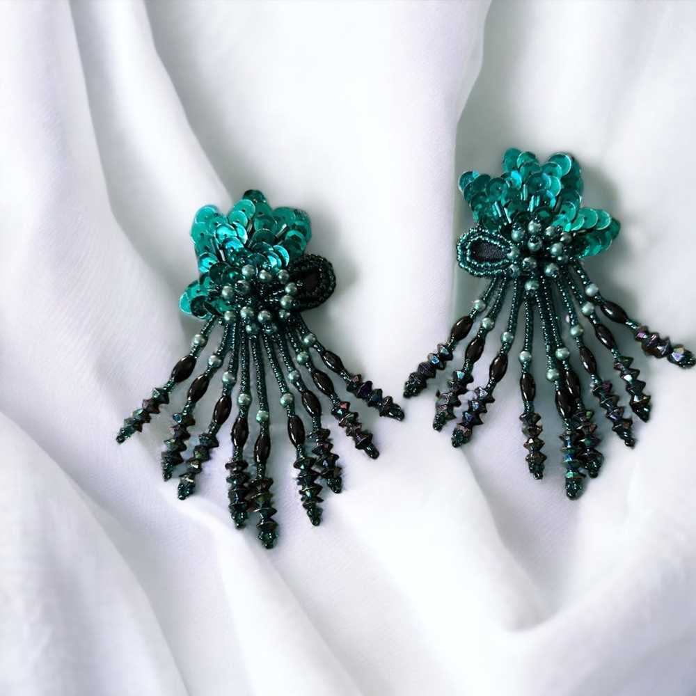 Vintage Vintage teal sequin and beads earrings - image 1