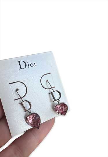 Dior earrings pink diamante heart silver tone vint