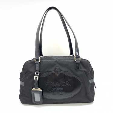 Prada Prada Nylon Handbag Enamel Big Logo Black