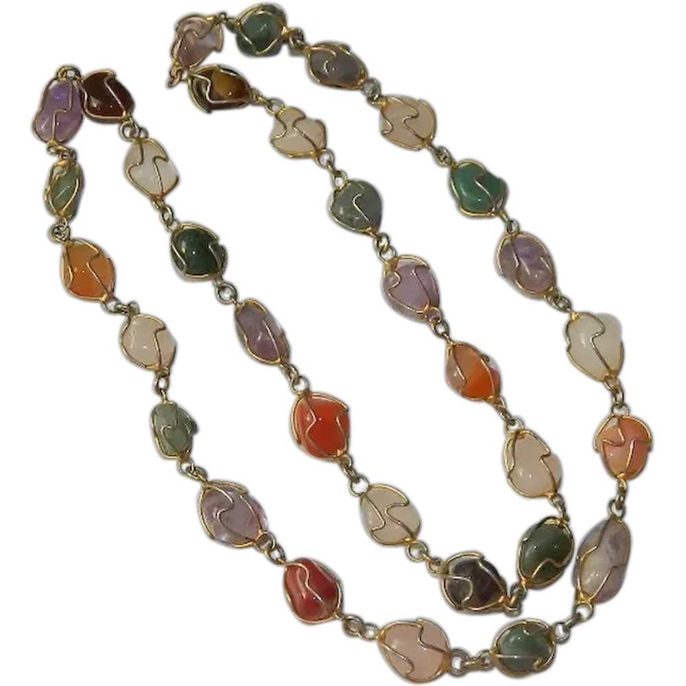 Art Deco Caged Gemstone and Agate Necklace 26" Lo… - image 1