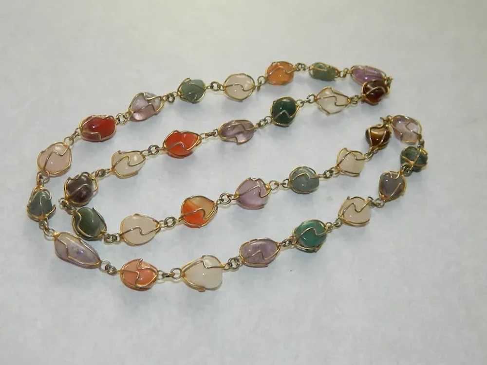 Art Deco Caged Gemstone and Agate Necklace 26" Lo… - image 3