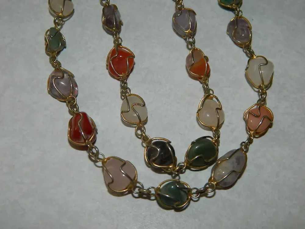 Art Deco Caged Gemstone and Agate Necklace 26" Lo… - image 4