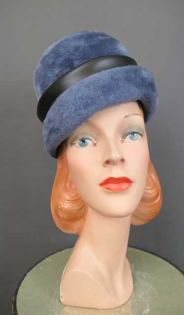 Vintage Blue Plush Hat with Black Vinyl 1960s, 21 