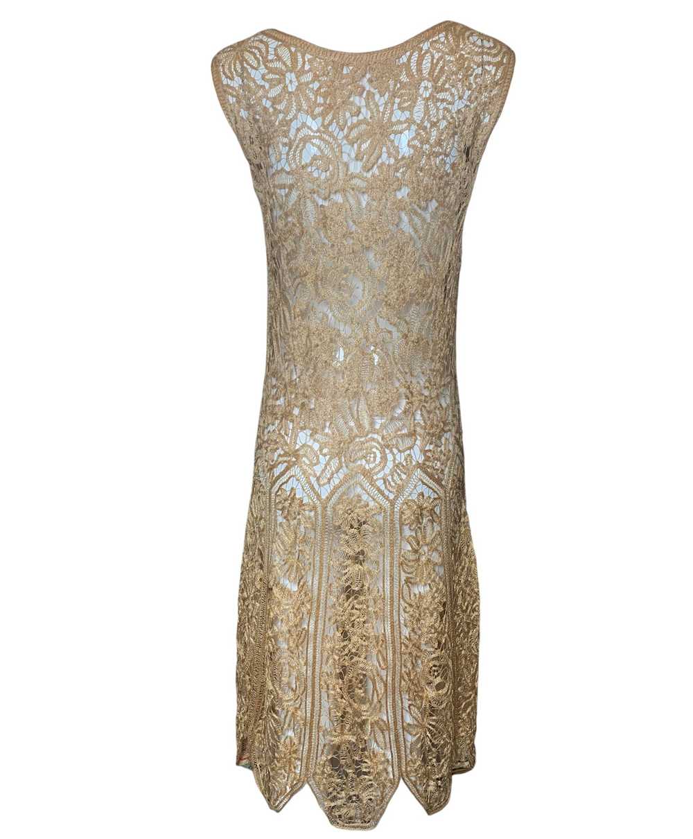20s Handmade Nude Lace Crochet Day Dress with Sca… - image 3