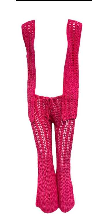 60s Hot Pink Hand Crochet Pant Suit Ensemble
