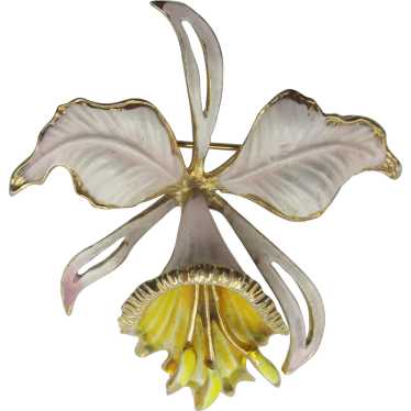 Lovely Weiss White and Yellow Enamel Orchid Brooch