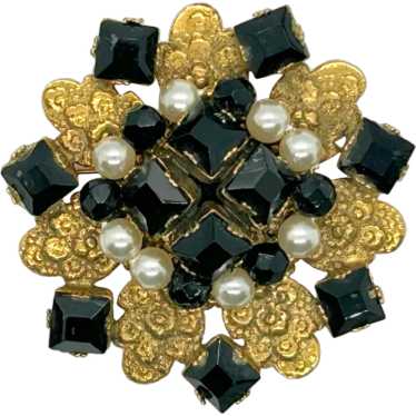 Detailed Vintage Frierich Brooch with Black Beads… - image 1