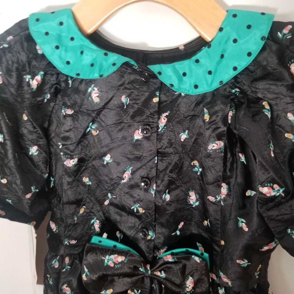 80s Black Crushed Satin Peter Pan Collar Dress Gi… - image 5