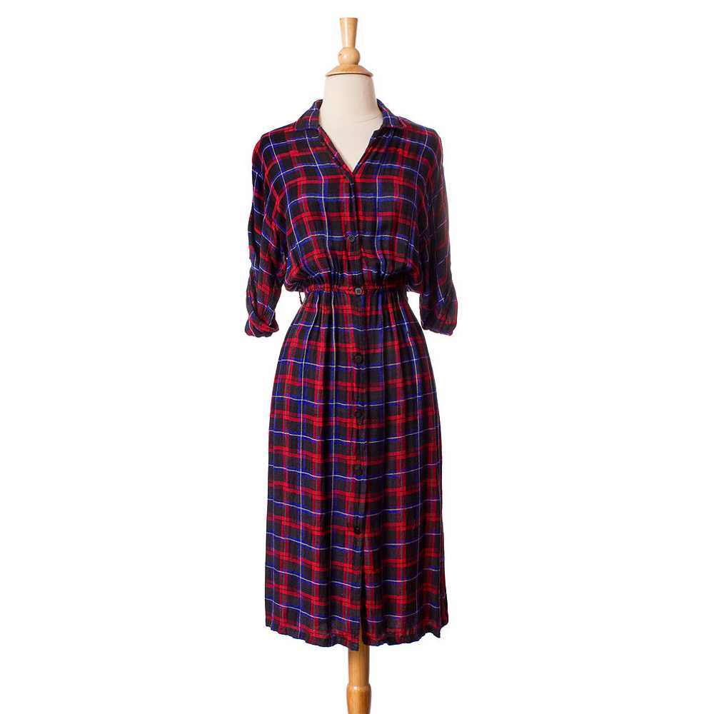 1980s Red and Blue Rayon Plaid Shirt Dress - image 1