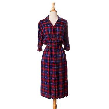 1980s Red and Blue Rayon Plaid Shirt Dress - image 1