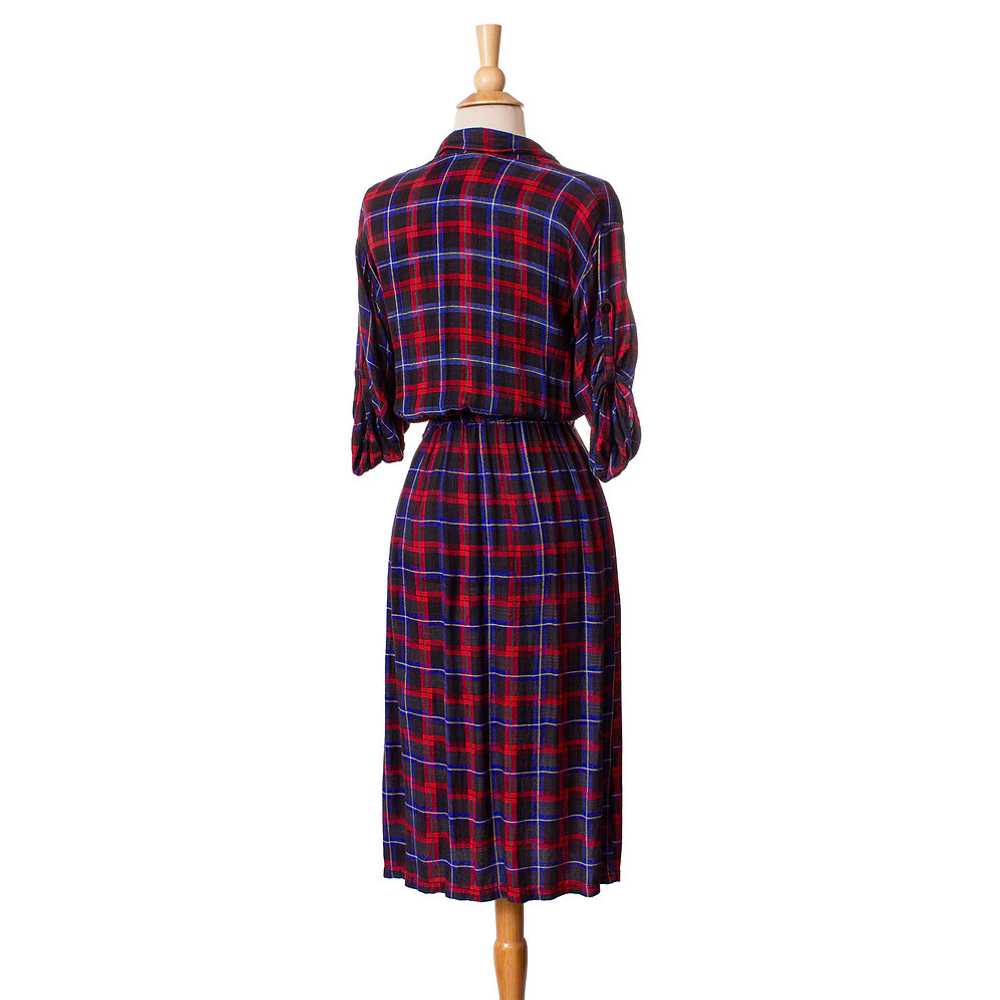 1980s Red and Blue Rayon Plaid Shirt Dress - image 2