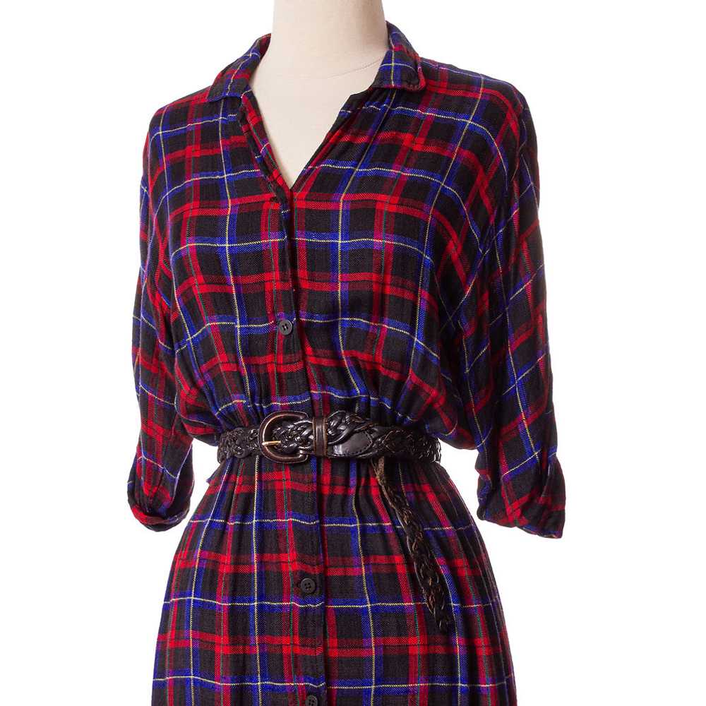1980s Red and Blue Rayon Plaid Shirt Dress - image 3