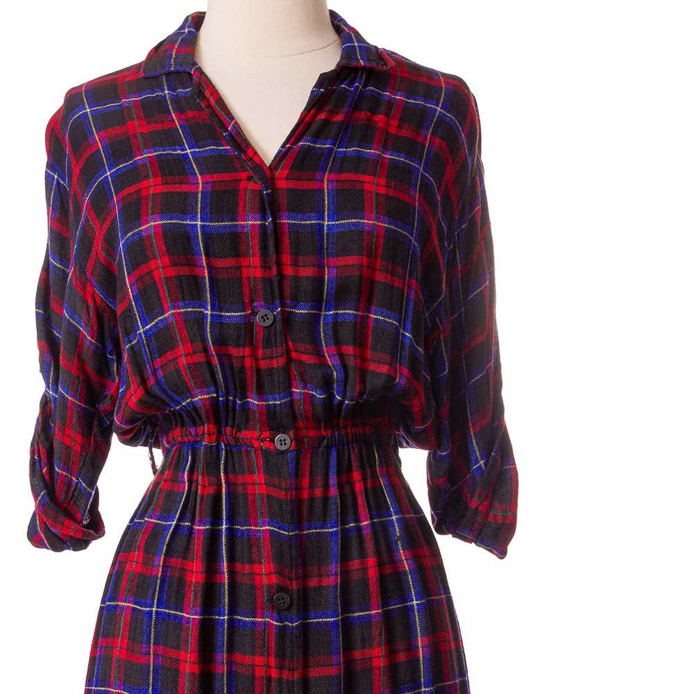1980s Red and Blue Rayon Plaid Shirt Dress - image 4