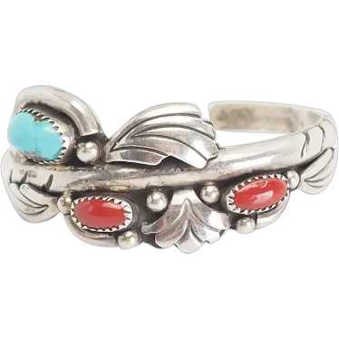 Navajo sterling silver coral turquoise cuff brace… - image 1