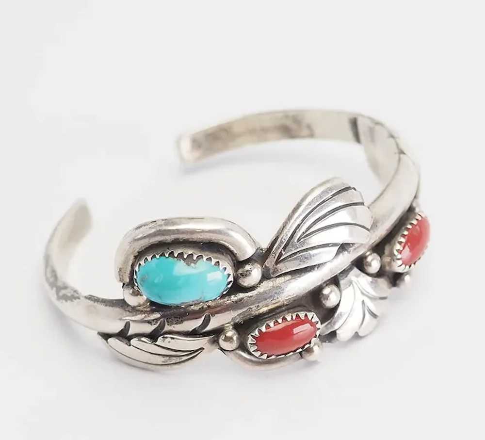 Navajo sterling silver coral turquoise cuff brace… - image 2