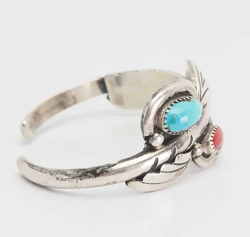 Navajo sterling silver coral turquoise cuff brace… - image 3
