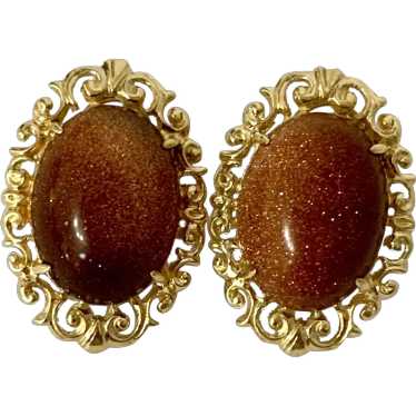 18k Large Ornate Oval Goldstone Earrings