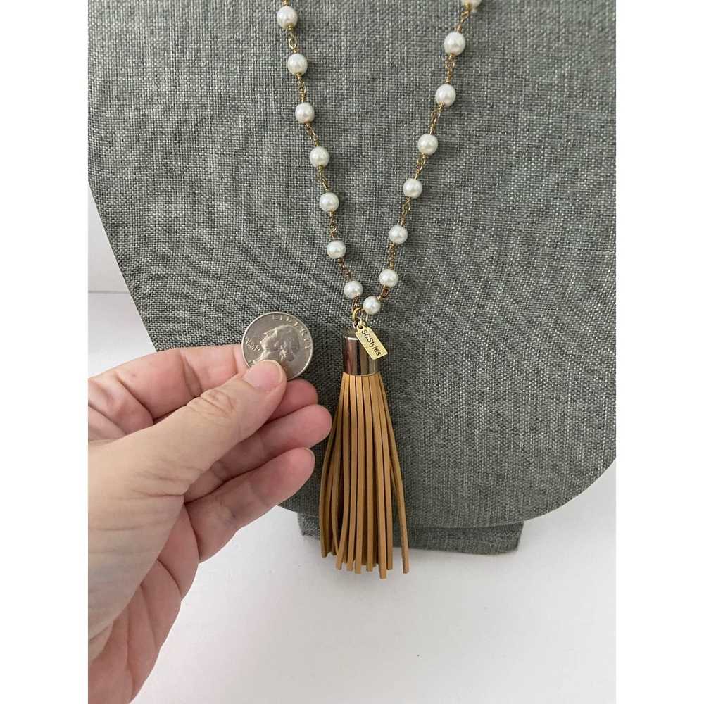 Generic Faux pearl long necklace with beige tassel - image 2