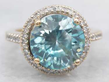 Stunning Blue Zircon and Diamond Halo Ring - image 1