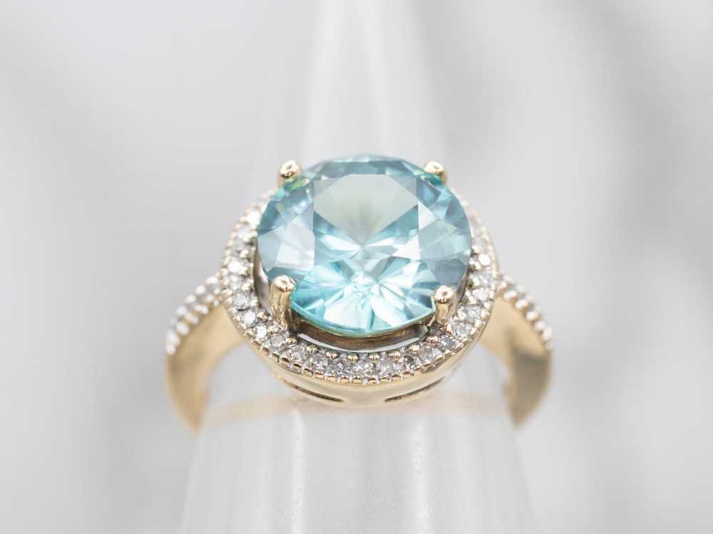 Stunning Blue Zircon and Diamond Halo Ring - image 5
