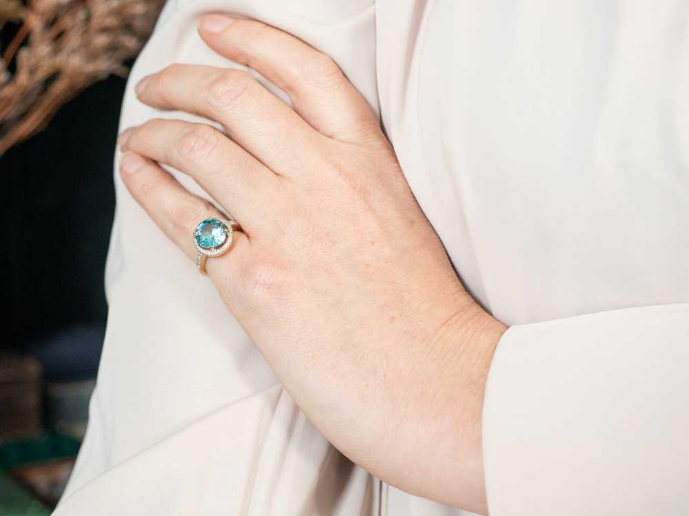 Stunning Blue Zircon and Diamond Halo Ring - image 6