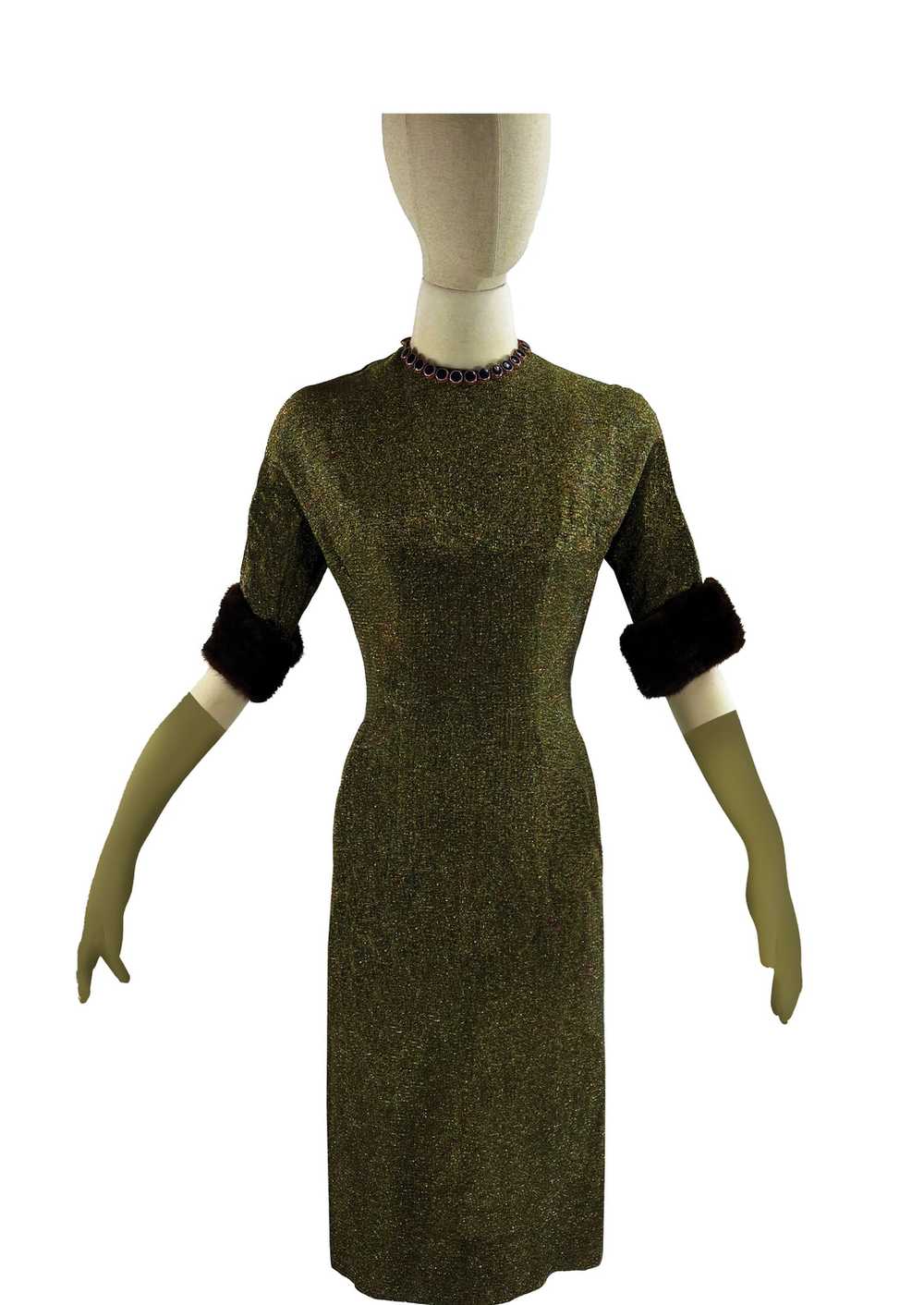 Vintage 1960s Dark Olive Green Lurex Wiggle Dress… - image 10