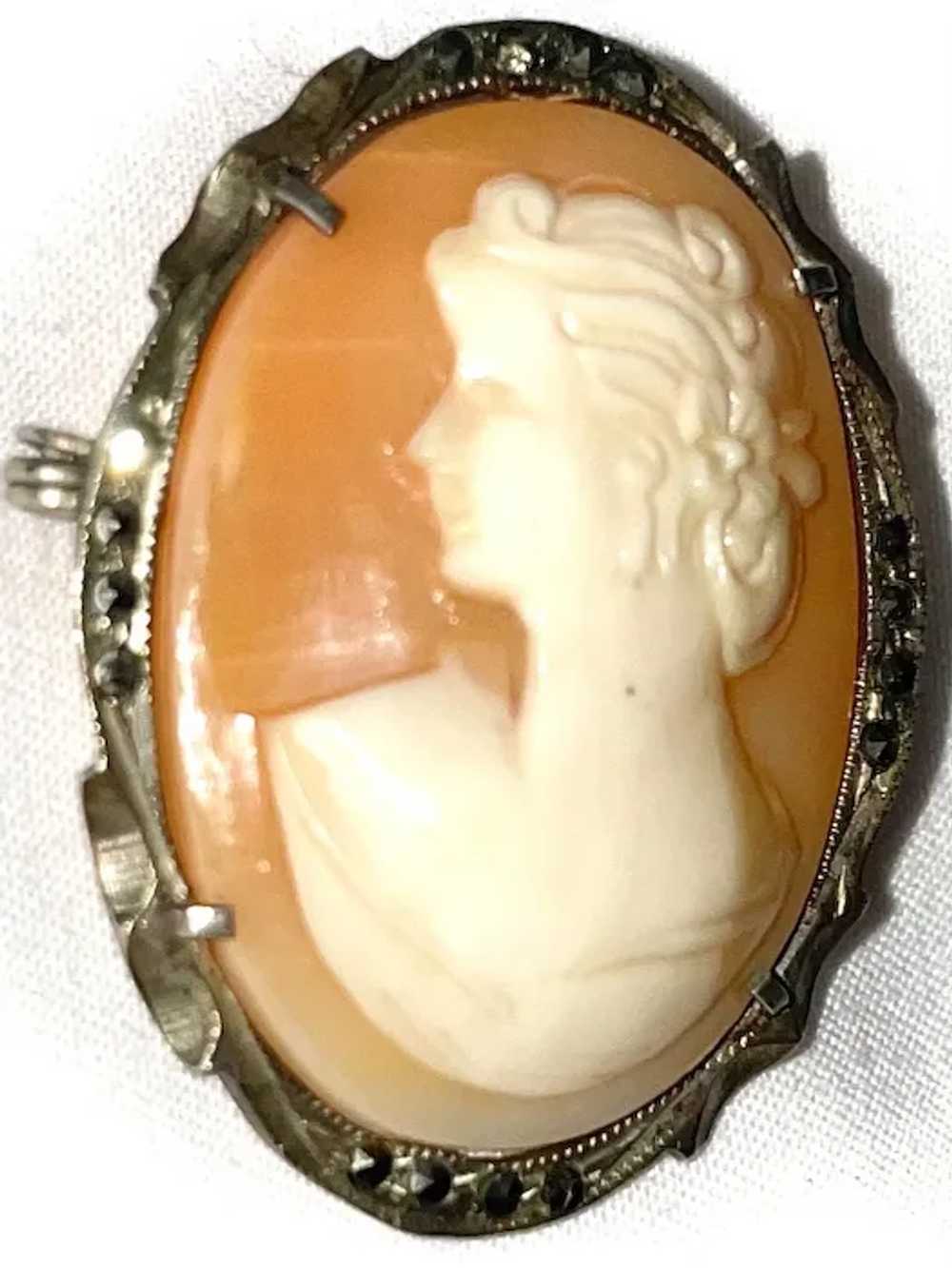 Shell Cameo Marcasite Brooch or Pendant - image 3