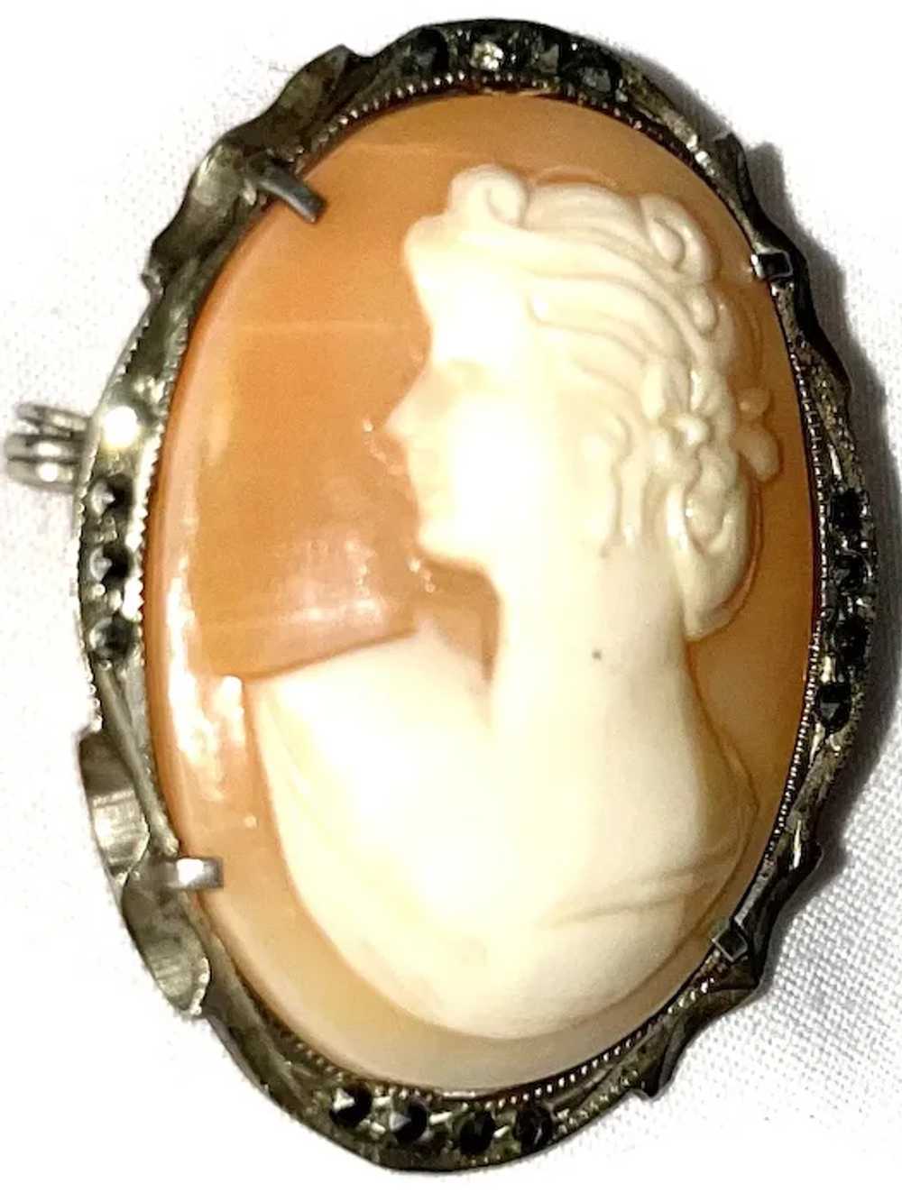 Shell Cameo Marcasite Brooch or Pendant - image 4
