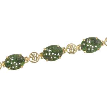 14K Nephrite Floral Carved Stone Chinese Bracelet 