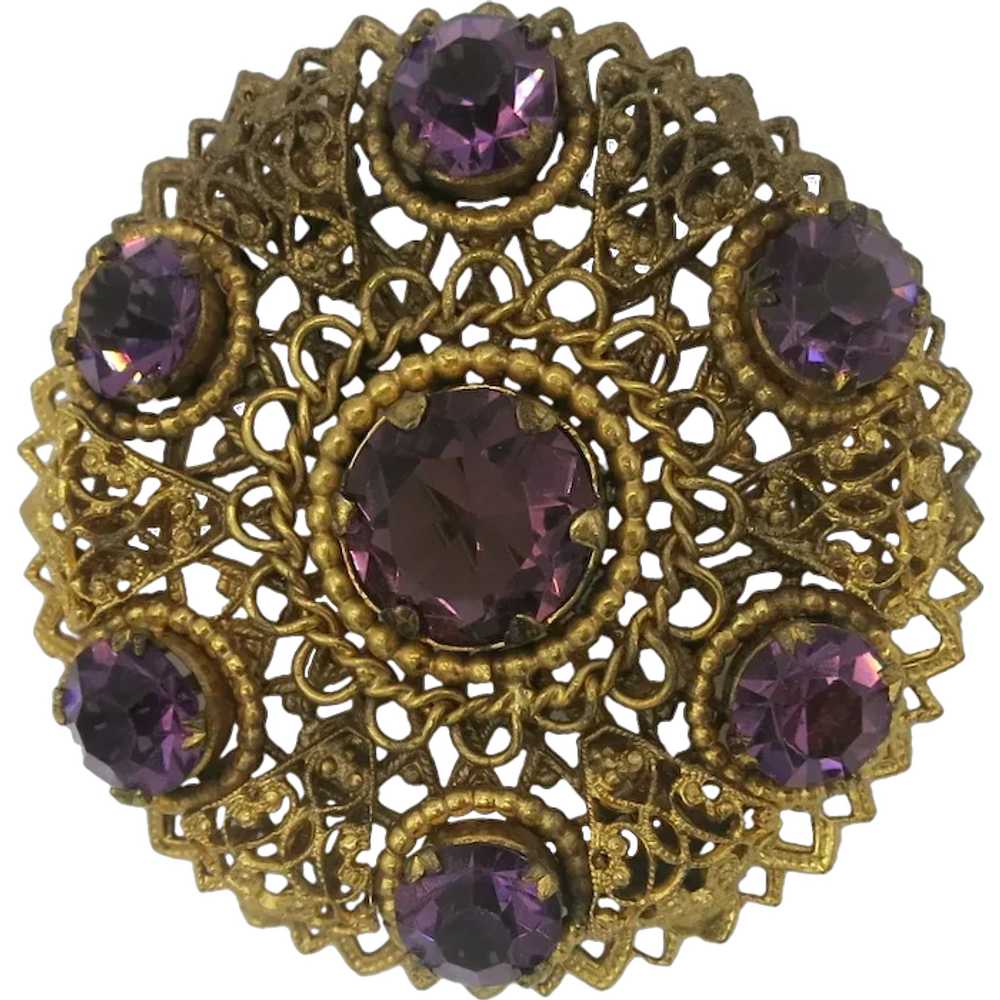 Purple Amethyst Glass Czech Brooch Gold tone Fili… - image 1