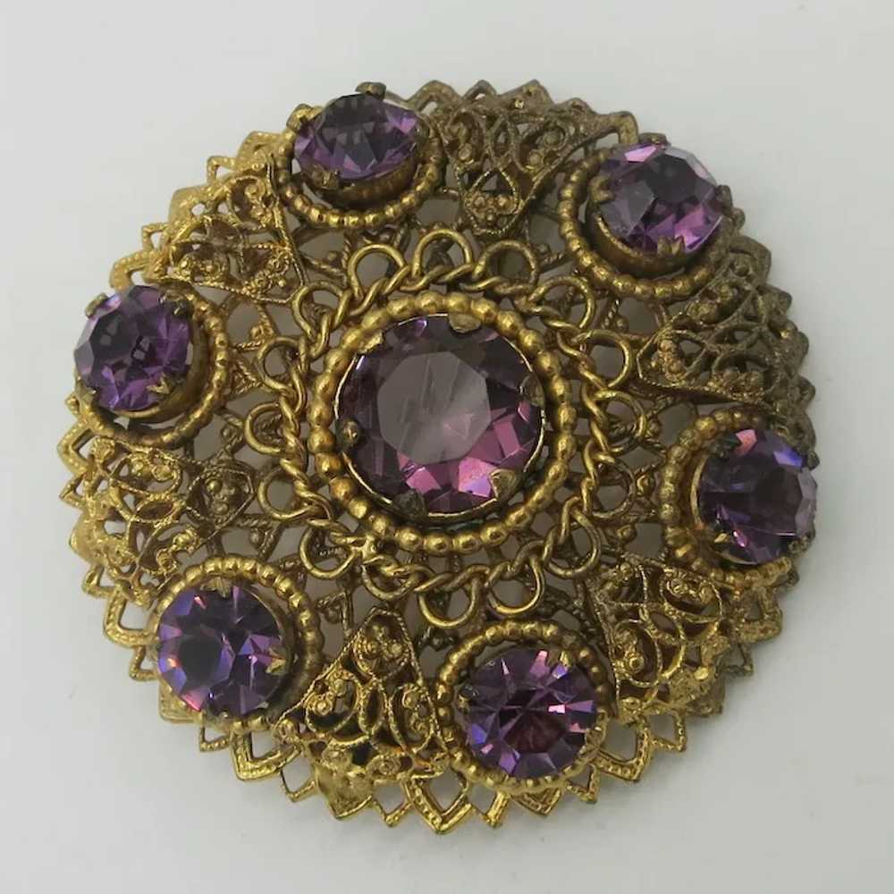 Purple Amethyst Glass Czech Brooch Gold tone Fili… - image 2
