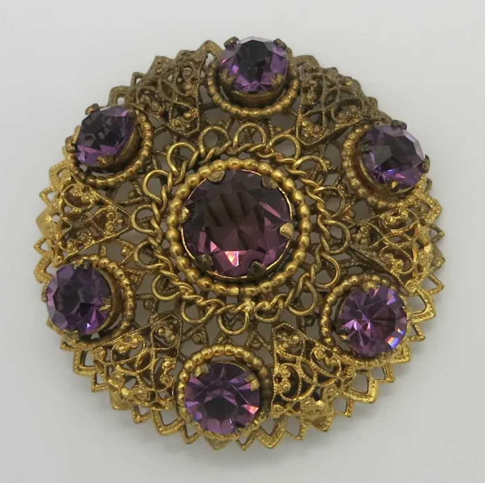 Purple Amethyst Glass Czech Brooch Gold tone Fili… - image 3