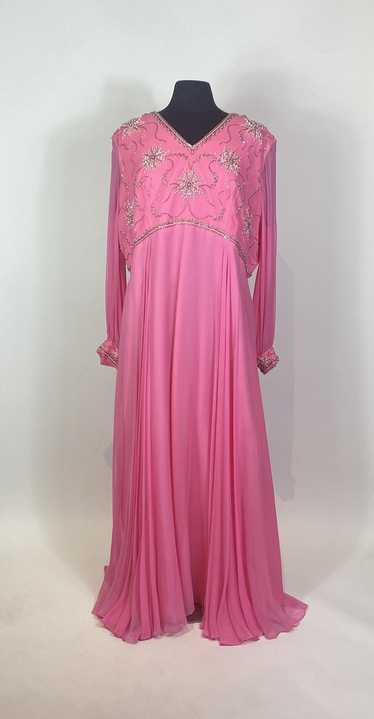 1970s Bright Pink Chiffon Beaded Gown