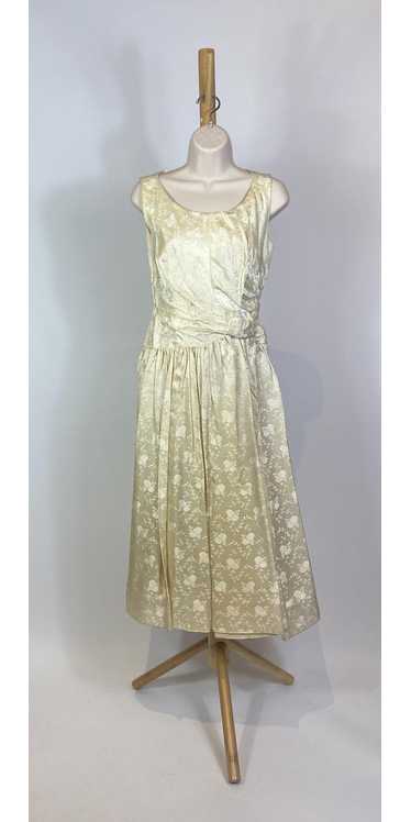 1950s Cream Satin Floral Brocade Swing Gown