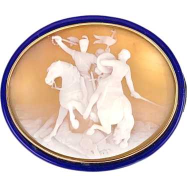 Antique 14K & Carved Shell Battle Cameo Brooch "B… - image 1