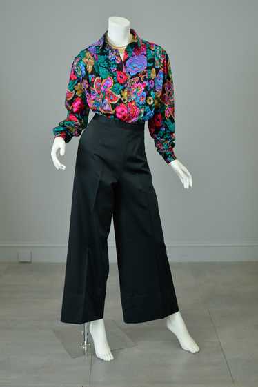 1980s Vibrant Neon Floral Rose Print Silk Blouse w