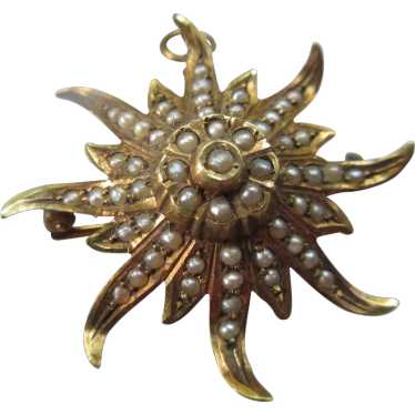 Antique 10K Cultured Pearl Sun Burst Pin Pendant - image 1