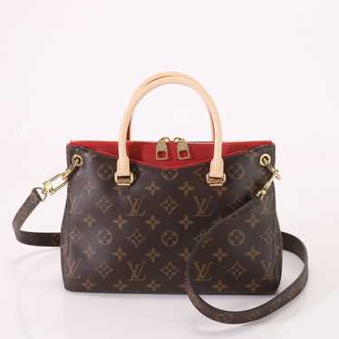 Louis Vuitton Brown Monogram Coated Canvas and Cerise Leather Pallas mm Gold Hardware (Very Good), Brown/Red Womens Handbag