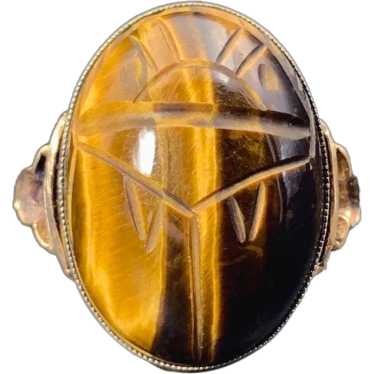 ANTIQUE 14K & Tigers Eye Conversion Scarab Ring "I