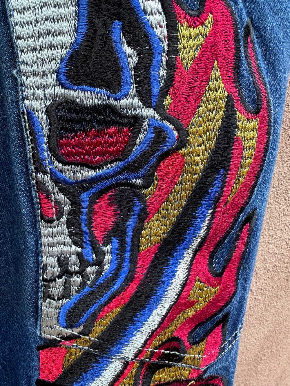 Red & Blue Flame Skull Embroidered Skull Ed Hardy… - image 3