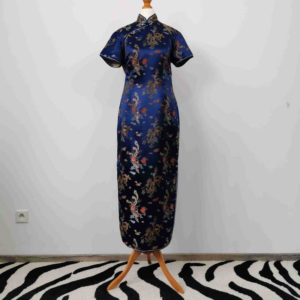 Asian long dress - Long dark blue satin Asian dre… - image 2