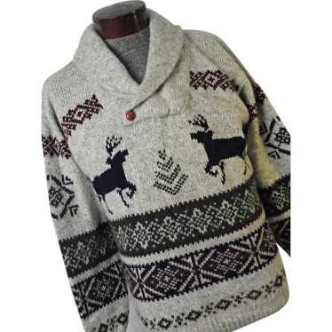 1980s Woolrich Mens Wool Sweater Shawl Collar Deer